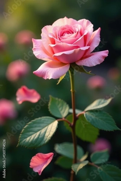 Obraz Soft pink rose petals falling from a stem in a garden, stem,