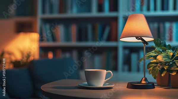 Fototapeta A cozy home office setup with a desk lamp, coffee cup on a modern desk, and a blurred bookshelf in the background. A perfect blend of professionalism and comfort for remote work and Zoom calls.

