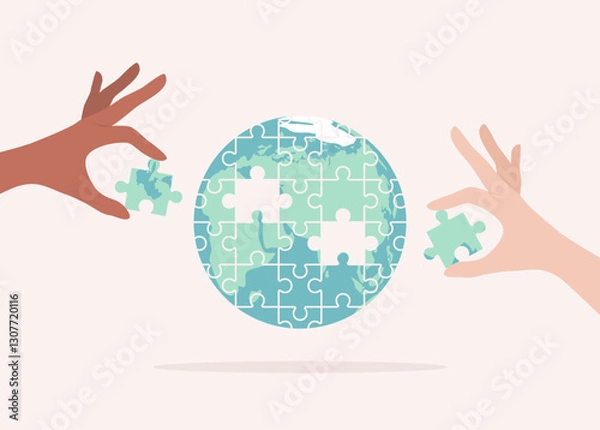 Fototapeta Hands of people of different nationalities and skin tones putting together missing puzzle pieces in the Earth globe. Flat vector illustration