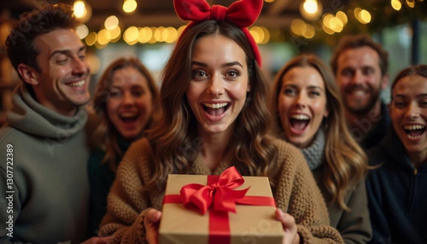 Obraz Smiling woman with the gift among joyful crowd. AI image