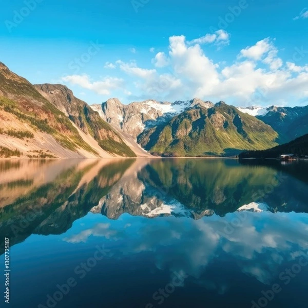 Fototapeta A serene lake reflects the majestic mountain range, lakes, tranquility