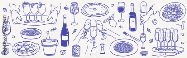 Obraz La dolce vita italian sicily style. Hand drawn ink line food and wine or champagne drawings. Sketch style lunch or dinner Illustrations for wedding invitations, cafe or restaurant menus and parties.