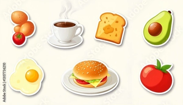 Fototapeta Breakfast food icons with coffee, eggs, and avocado