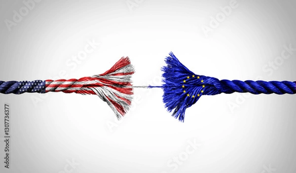 Obraz EU and US crisis concept as a Broken Rope stretched with force and stressed to a decoupling metaphor for pressure on the economic and political relationship between Brussels and Washington.