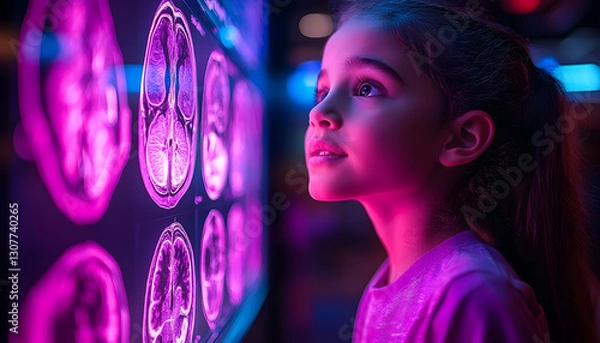 Fototapeta Child observing brain scans, illuminated displays