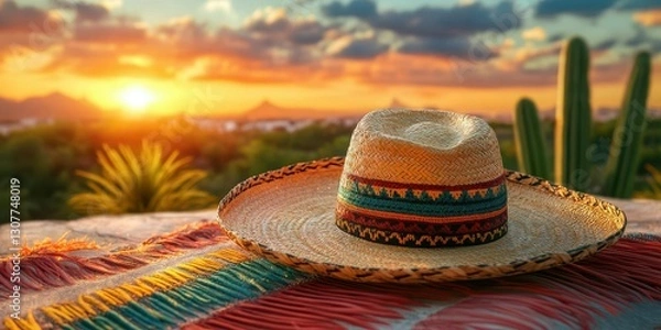 Fototapeta Beautiful sunset view with a traditional hat on a colorful blanket in a desert landscape at golden hour