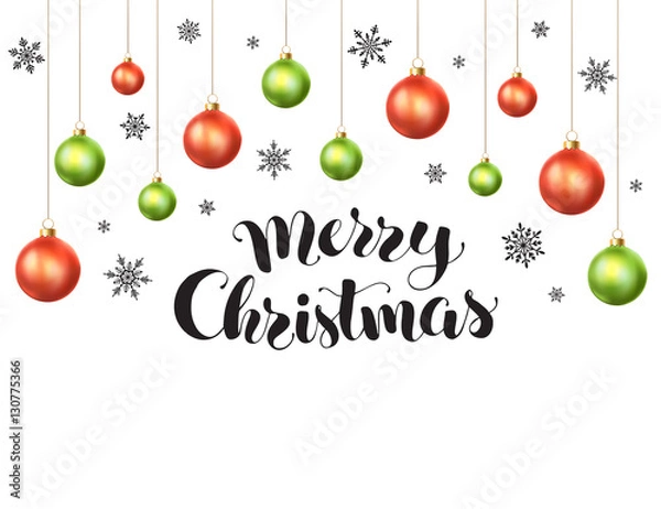 Fototapeta Happy holidays greeting card template. Modern New Year lettering with snowflakes ans Christmas balls isolated on white background. Merry Christmas vector illustration with text.