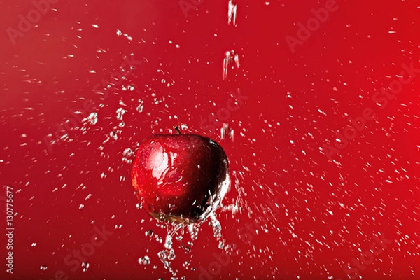 Obraz red apple under a waterfall splashing on a red background