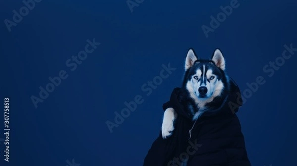 Obraz Majestic Malamute Sitting with Paw Raised on Navy Blue Background