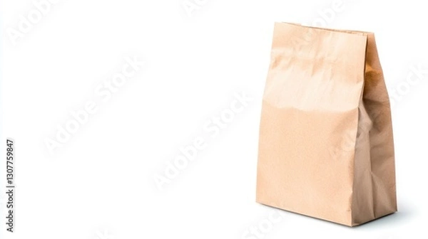 Fototapeta Brown paper bag standing vertically against crisp white backdrop, representing environmentally conscious packaging design for retail and food industry sustainability efforts