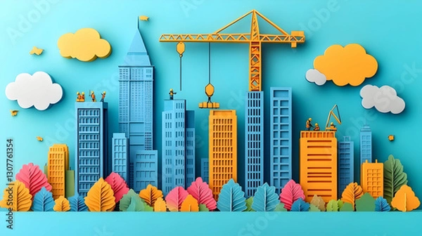 Fototapeta Cityscape construction with paper art style, people working on buildings, clouds and colorful leaves