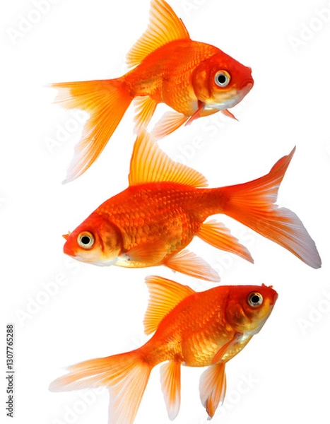 Fototapeta Three orange Goldfish fish swimming on white background