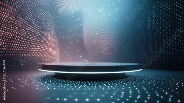 Fototapeta A Podium with a Reflective Mirror-Like Surface,  Floating 3D Digital Projections and Light Patterns in a Futuristic, High-Tech Showroom, Presenting Futuristic Gadgets, Electronics, or Cutting-Edge 