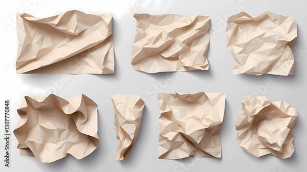 Fototapeta A premium pack of four crumpled paper textures, with intricate wrinkles and deep folds, presented with even spacing on a white background.