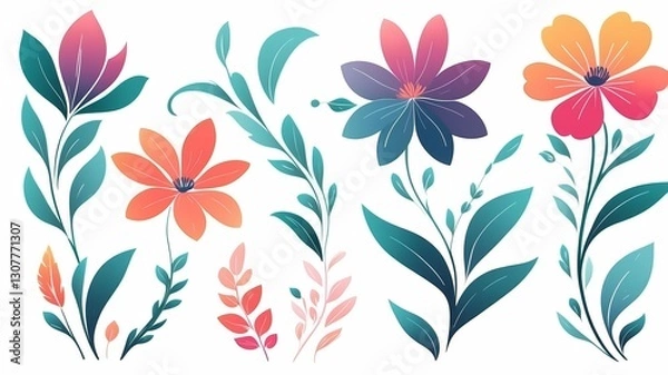 Obraz A collection of four delicate floral vector elements, drawn with soft curves and subtle gradients. The design features spacious placement on a white background for an elegant look.
