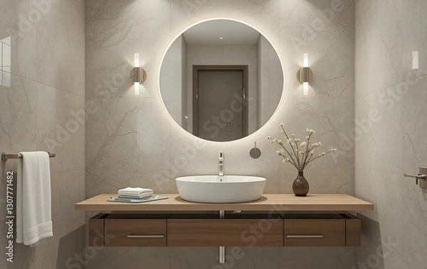 Fototapeta Minimalist bathroom sink area with a round mirror, lights and flower vase, Modern bathroom with white sink and round mirror