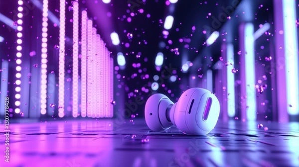 Fototapeta Futuristic white earbuds immersive audio with visual effects