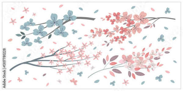 Fototapeta A spring art set of sakura branches and flowers. Pink, beige, and blue colors. For textiles, fashion, wallpaper, wrapping paper, notebooks, wedding postcards, invintations, patterns.