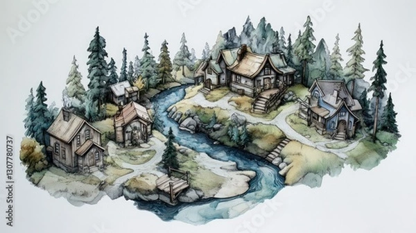 Obraz Watercolor village by a winding river in a forest