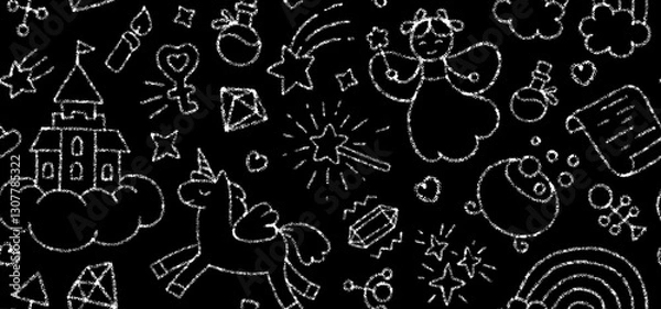 Fototapeta Chalk cute seamless pattern with fairy, magic wand, unicorn, rainbow and castle on school blackboard. Childish hand drawn pattern with white doodle magic elements, vector illustration