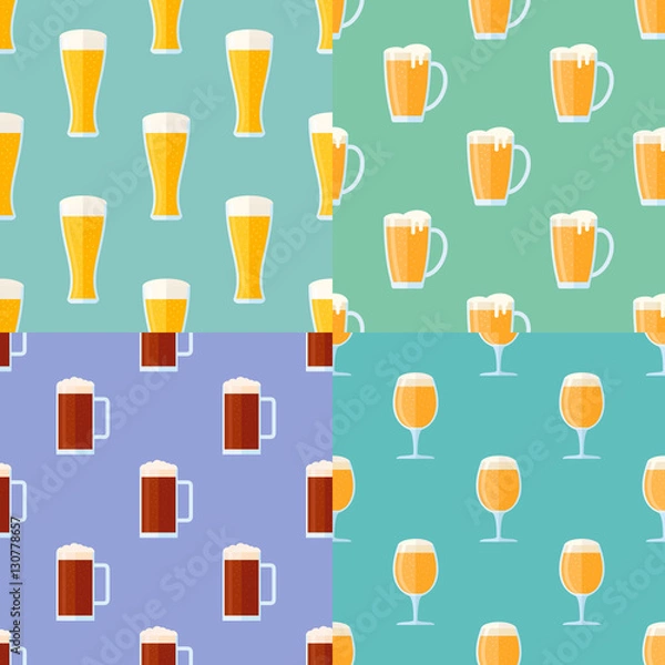 Fototapeta Set of seamless patterns with beer glasses. Vector texture.