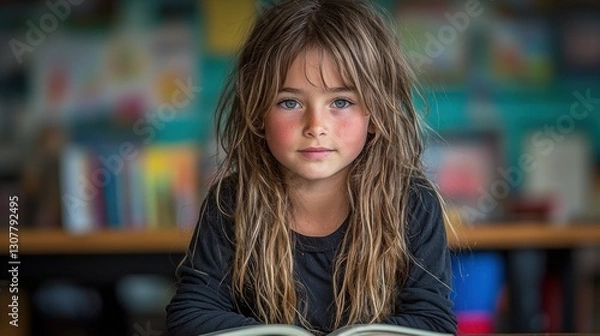 Fototapeta Girl reading in classroom with colorful background