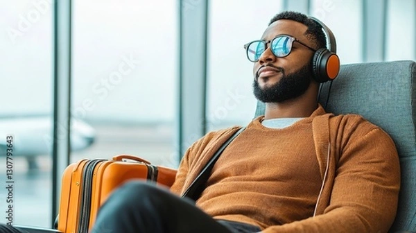 Fototapeta Chilled traveler enjoys music while waiting at airport lounge bright environment lifestyle relaxed viewpoint
