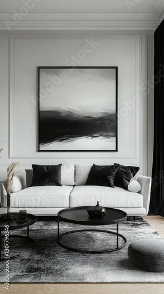 Obraz Modern minimalist living room design showcasing monochrome artwork and elegant furnishings
