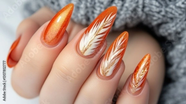 Obraz Orange & Gold Feather Nail Art on Hand
