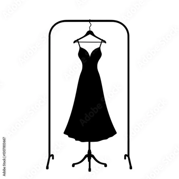 Obraz A black silhouette of a dress hangs on a simple clothes rack 