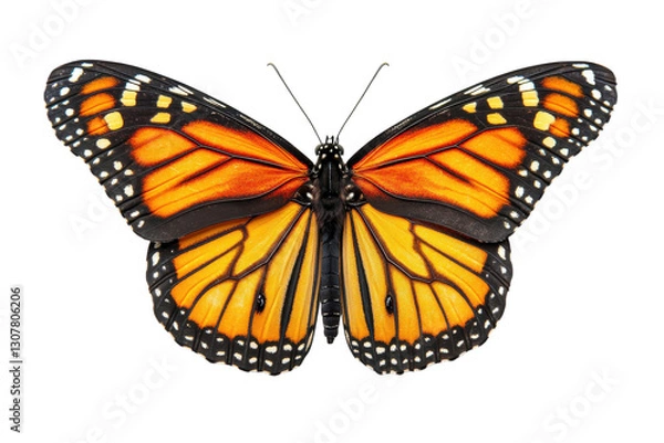 Obraz Brightly colored monarch butterfly displays its vivid patterns against a white background