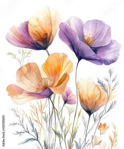 Fototapeta Soft brush strokes create an enchanting illustration of wildflowers in bloom, invoking feelings of tranquility and the charm of the natural world during springtime