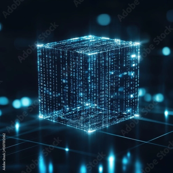 Fototapeta Digital Cube with Binary Code Theme in Futuristic Abstract Background
