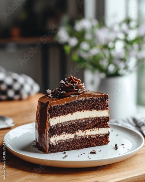 Fototapeta Decadent chocolate cake slice with rich cream layers and chocolate garnish on white plate