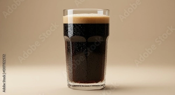 Fototapeta Craft beer in a frosty glass with creamy foam, captured in an elegant minimalist setting, showcasing its dark rich color against a neutral background