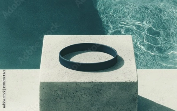 Obraz Dark blue silicone wristband on a stone cube by a pool.