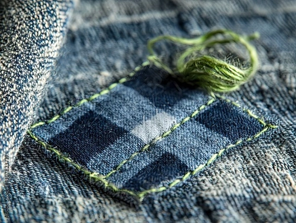 Fototapeta Close-Up of Handmade Denim Patch with Green Thread Stitching on Textured Blue Fabric
