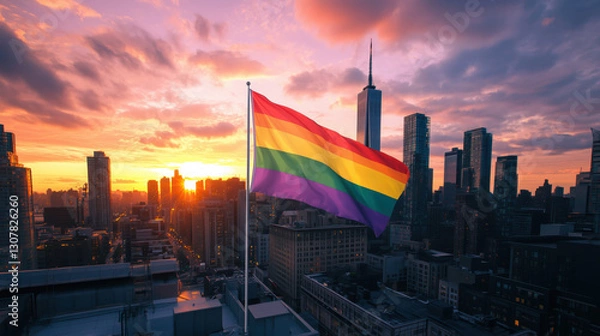 Fototapeta A Rainbow LGBTQ+ Flag Proudly Displayed on a Rooftop During Sunset, Overlooking a City Filled with Tall Skyscrapers and Streets Buzzing with People, Symbolizing Inclusivity