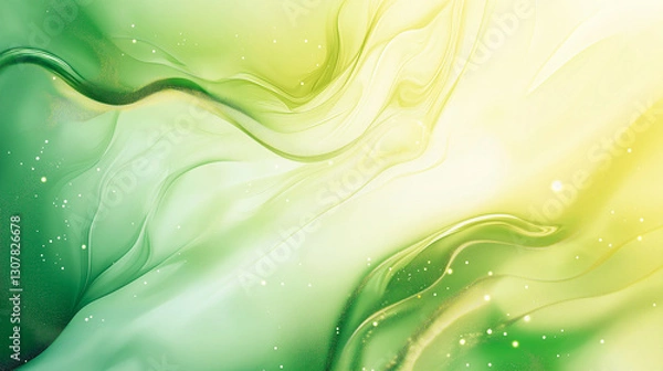 Fototapeta Vibrant green, lime, yellow, and white abstract background with a smooth gradient ombre, featuring fluid wave lines, metallic foil shine, and a fresh neon glow.
