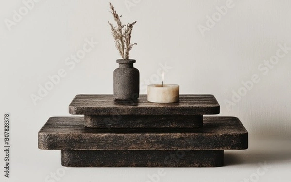 Fototapeta Rustic wooden tiered display with candle and vase.