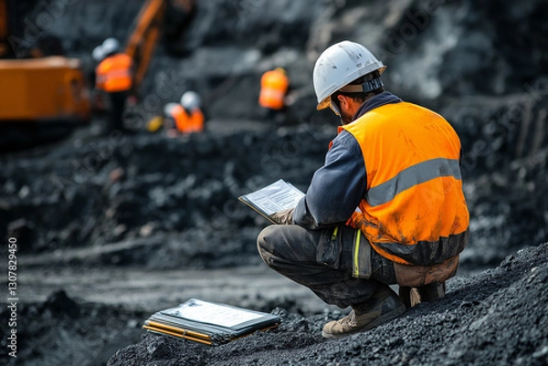 Obraz Miners wearing white fall protection helmets, signing safety control permit to work and isolation lock box before starting work at an open field construction site.
