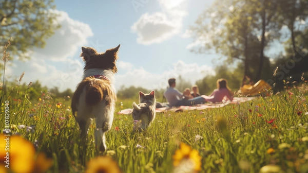 Fototapeta A Dog and a Cat Running Playfully Through a Meadow Filled with Wildflowers, with Their Family Relaxing on a Picnic Blanket in the Distance
