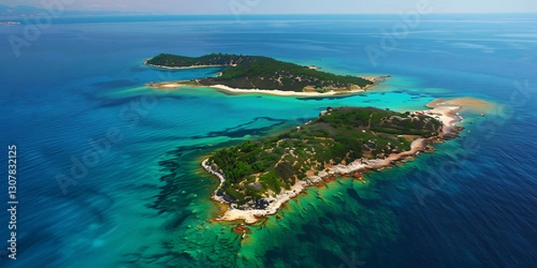 Fototapeta Aerial View of Three Tropical Islands Surrounded by Turquoise Waters
