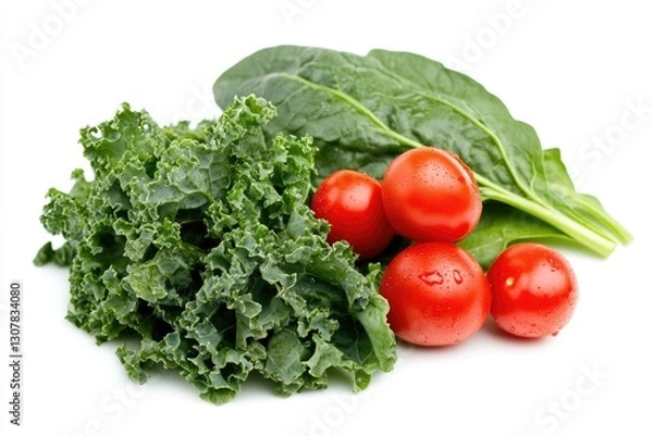Fototapeta Fresh kale, spinach, and ripe tomatoes arranged together, showcasing vibrant colors and healthy ingredients.