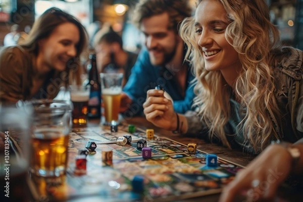 Fototapeta A group of friends is gathered around a table in a bustling pub, engrossed in a board game while sipping on their drinks and sharing laughs. The atmosphere is friendly and vibrant