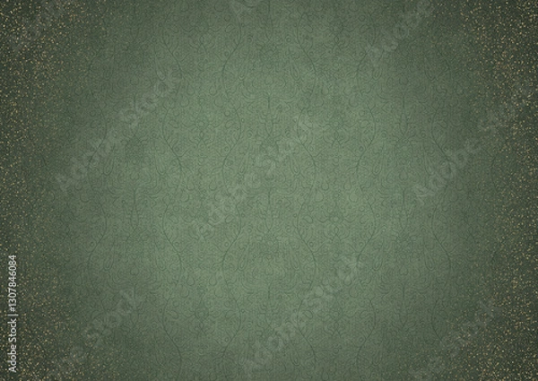 Fototapeta Hand-drawn ornament. Dark green on light warm green background, with vignette of darker background color and splatters of golden glitter. Paper texture. Digital artwork, A4. (pattern: p13-2c)