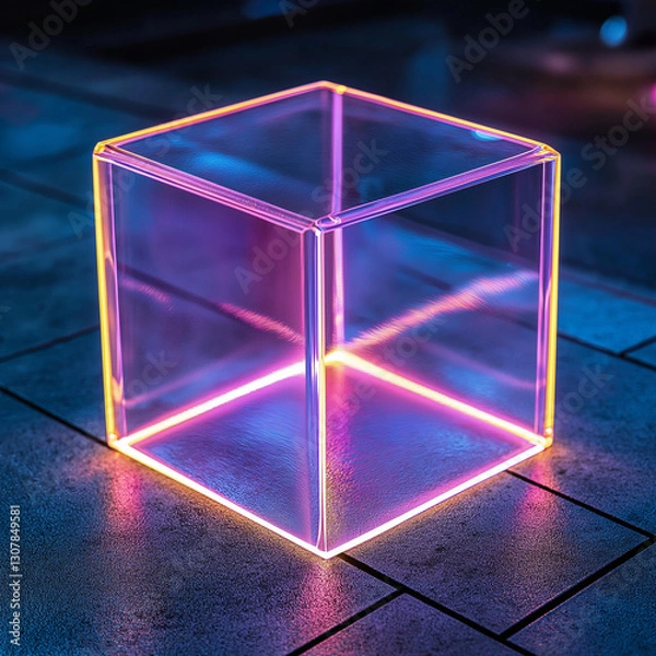 Fototapeta Glowing Hollow Cube Paradox: Abstract 3D Geometric Illusion, Transparent Box, Futuristic Design     