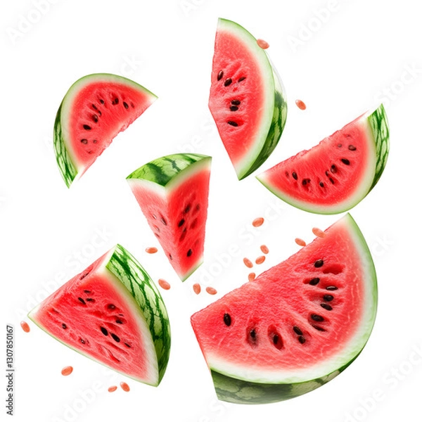Fototapeta Slices of fresh red watermelon with green rind and black seeds, isolated on a transparent background. High-quality close-up, perfect for summer themes, healthy eating.