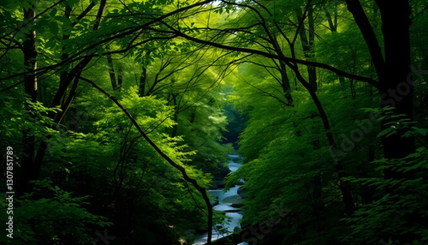 Obraz A realistic ravine filled with thriving green trees, enhanced by advanced technology to highlight the vibrant leaves and deep shade of a woodland sanctuary.
