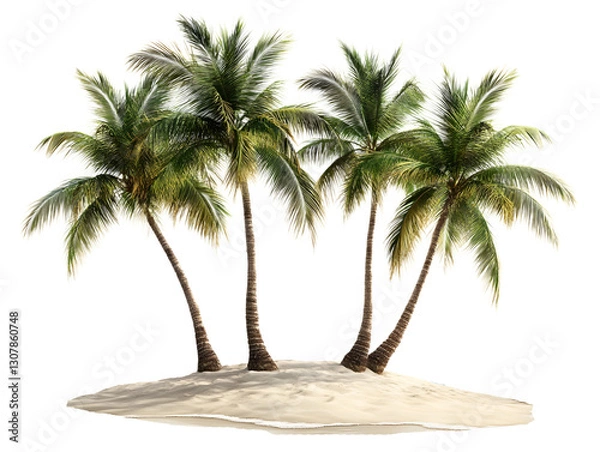 Fototapeta Four Palm Trees on a Sandy Island Isolated